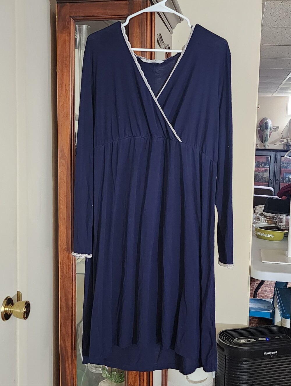 Navy Long-Sleeve Faux Wrap Dress with White Lace Trim